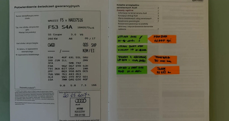 Audi S5 cena 183270 przebieg: 117000, rok produkcji 2017 z Rzeszów małe 352